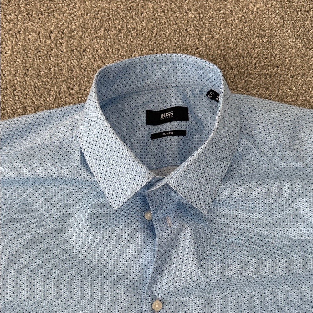 Hugo Boss Light Blue Micro Dot Dress Shirt 16.5 Slim Fit 👔